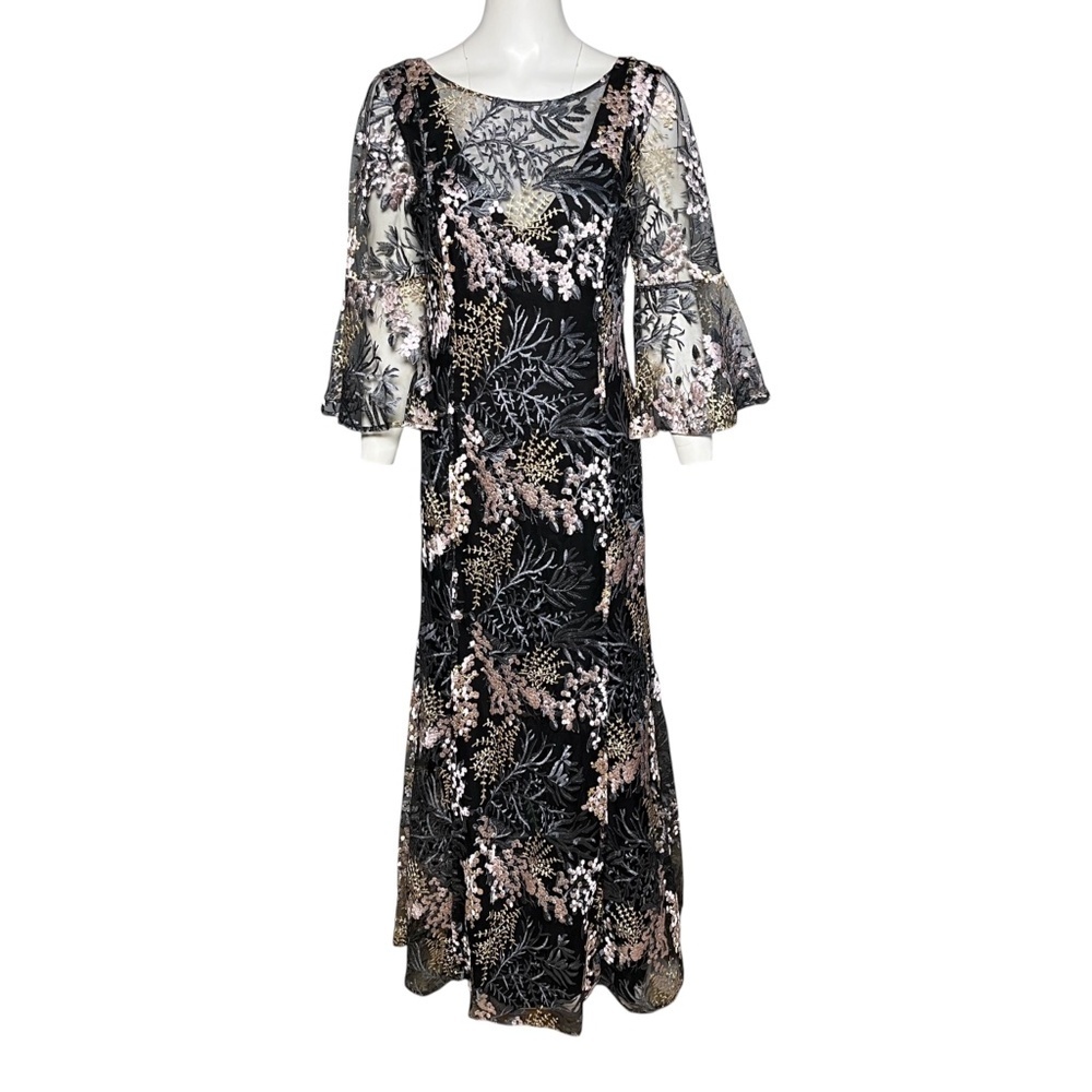 Belle Badgley Mischka Aileen Black Orchid Ballgown Embroidered Maxi Dress Size 8